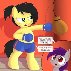 Size: 3000x3000 | Tagged: safe, artist:an-tonio, artist:toyminator900, derpibooru import, oc, oc:coldfire (bat pony), oc:uppercute, unofficial characters only, bat pony, earth pony, pony, bat pony oc, bat wings, boxing, boxing gloves, clothes, fangs, freckles, ponytail, punching bag, remake, shorts, slit eyes, speech bubble, sports, wings
