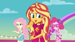 Size: 1920x1080 | Tagged: safe, derpibooru import, screencap, fluttershy, pinkie pie, sunset shimmer, equestria girls, equestria girls series, i'm on a yacht, spoiler:eqg series (season 2), cute, diapinkes, female, geode of empathy, geode of fauna, geode of sugar bombs, heart glasses, heart shaped glasses, lidded eyes, looking at you, magical geodes, open mouth, shimmerbetes, shyabetes, smiling, sunglasses, trio, trio female