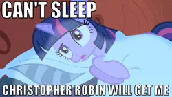 Size: 1010x568 | Tagged: can't sleep, caption, christopher robin, derpibooru import, edit, edited screencap, friendship is magic, image macro, safe, screencap, solo, text, twilight sparkle, wat, winnie the pooh home run derby