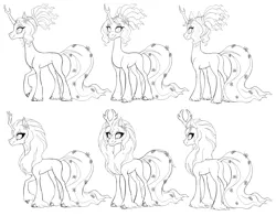 Size: 2750x2160 | Tagged: safe, artist:heilos, derpibooru import, tree of harmony, oc, oc:harmony (heilos), ponified, unofficial characters only, classical unicorn, pony, unicorn, alternate design, black and white, cloven hooves, female, flower, flower in hair, grayscale, leonine tail, lineart, mare, monochrome, raised hoof, simple background, sketch, smiling, solo, unshorn fetlocks, white background