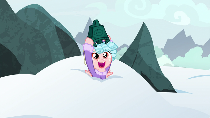 Size: 1920x1080 | Tagged: safe, derpibooru import, screencap, cozy glow, pegasus, pony, frenemies (episode), bell, bewitching bell, cozybetes, cute, eyes closed, female, filly, foal, grogar's bell, happy, item get, smiling, snow, solo, success