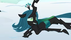 Size: 1920x1080 | Tagged: changeling, changeling queen, cute, cutealis, derpibooru import, drained, female, frenemies (episode), magic drain, prone, queen chrysalis, safe, screencap, snow, solo