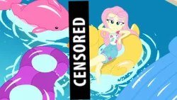 Size: 1366x768 | Tagged: safe, derpibooru import, edit, edited screencap, screencap, fluttershy, equestria girls, equestria girls series, i'm on a yacht, spoiler:eqg series (season 2), adorasexy, bedroom eyes, censor bar, censored, cute, eyeliner, eyeshadow, family friendly, feet, floaty, flutterfeet, geode of fauna, inflatable, inflatable toy, lidded eyes, magical geodes, makeup, pool toy, sexy, soles, solo, stupid sexy fluttershy, swimming pool, unnecessary censorship, water