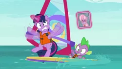 Size: 1920x1080 | Tagged: alicorn, derpibooru import, dragon, lifejacket, safe, screencap, spike, the point of no return, twilight sparkle, twilight sparkle (alicorn), water, windsurfing, winged spike