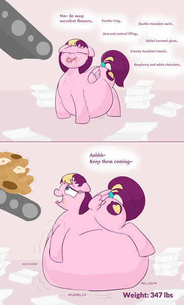 Size: 2536x4208 | Tagged: artist:comfyplum, belly, belly bed, belly expansion, big belly, chubby, comic, derpibooru import, dialogue, donut, eating, fat, female, food, growth, huge belly, impossibly large belly, incentive drive, messy eating, morbidly obese, obese, oc, oc:comfy plum, open mouth, questionable, series:comfy plum's delicious donut drive, smiling, squishy, stomach noise, weight gain, weight gain comic