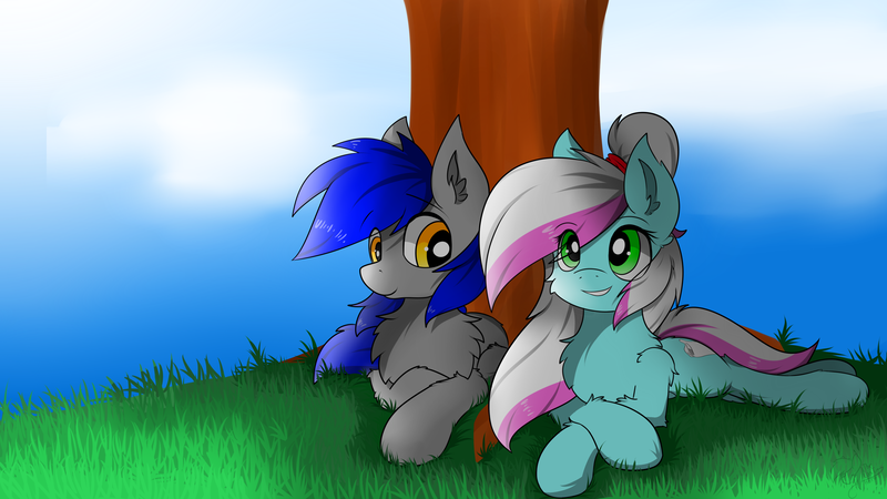 Size: 3200x1800 | Tagged: safe, artist:llhopell, derpibooru import, oc, oc:hope(llhopell), oc:soffy, earth pony, pegasus, pony, cloud, female, grass, hoffy, male, shipping, sky, smiling, tree