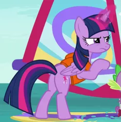 Size: 529x533 | Tagged: alicorn, butt, cropped, derpibooru import, dragon, plot, safe, screencap, spike, the point of no return, twilight sparkle, twilight sparkle (alicorn), water, windsurfing, winged spike