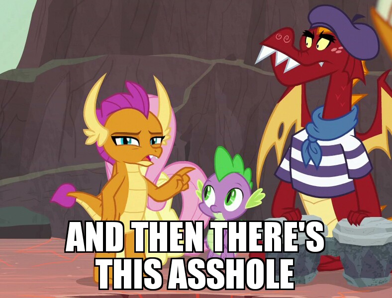 Size: 788x600 | Tagged: and then there's this asshole, beret, bongos, clothes, cropped, derpibooru import, dragon, edit, edited screencap, garble, hat, meme, safe, screencap, shirt, smolder, spike, sweet and smoky, vulgar