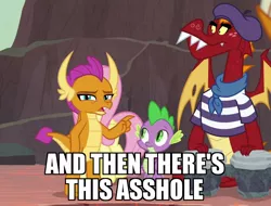 Size: 788x600 | Tagged: and then there's this asshole, beret, bongos, clothes, cropped, derpibooru import, dragon, edit, edited screencap, garble, hat, meme, safe, screencap, shirt, smolder, spike, sweet and smoky, vulgar