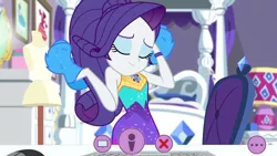 Size: 1336x752 | Tagged: safe, derpibooru import, screencap, rarity, equestria girls, equestria girls series, festival looks, spoiler:eqg series (season 2), bed, chair, clothes, computer mouse, dress, eyes closed, female, keyboard, lamp, mannequin, mirror, ponytail, rarity's bedroom, solo, webcam