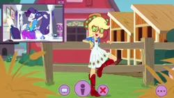 Size: 1336x752 | Tagged: safe, artist:rambamboooff, derpibooru import, screencap, applejack, rarity, equestria girls, equestria girls series, festival looks, spoiler:eqg series (season 2), applejack's sunglasses, boots, bracelet, clothes, cowboy boots, cowboy hat, dress, farm, hat, jacket, jewelry, magical geodes, ponytail, rarity's bedroom, shoes, stetson, sunglasses, webcam