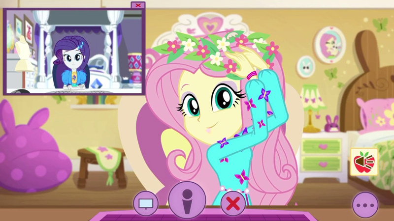 Size: 1336x752 | Tagged: safe, derpibooru import, screencap, fluttershy, rarity, equestria girls, equestria girls series, festival looks, spoiler:eqg series (season 2), beanbag chair, bed, clothes, cute, dress, dresser, floral head wreath, flower, fluttershy's bedroom, lamp, rarity's bedroom, shyabetes, webcam, wreath