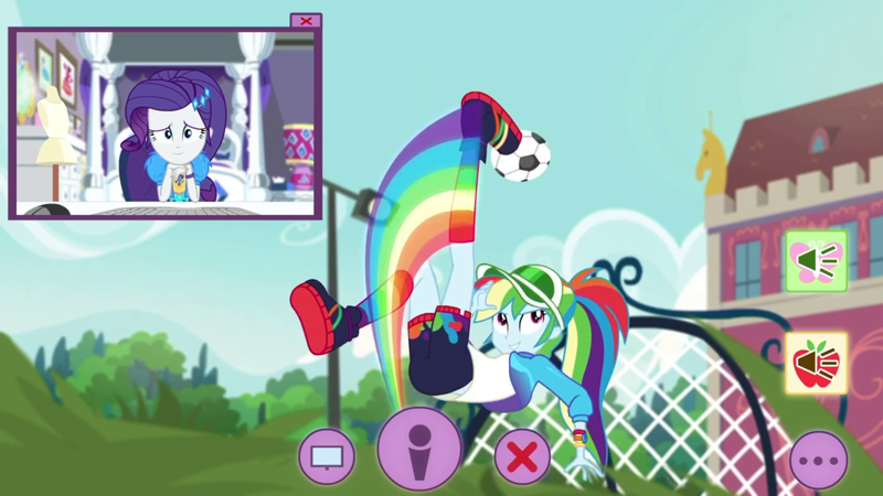 Size: 1336x752 | Tagged: safe, derpibooru import, screencap, rainbow dash, rarity, equestria girls, equestria girls series, festival looks, spoiler:eqg series (season 2), ball, canterlot high, clothes, flash kick, football, jacket, kicking, rainbow socks, rarity's bedroom, shoes, shorts, sneakers, soccer field, socks, sports, striped socks, visor, webcam