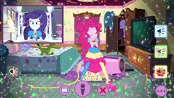 Size: 1336x752 | Tagged: safe, derpibooru import, screencap, gummy, pinkie pie, rarity, equestria girls, equestria girls series, festival looks, spoiler:eqg series (season 2), armoire, bed, clothes, confetti, dress, party cannon, pinkie puffs, pinkie's bedroom, rarity's bedroom, shoes, sneakers, television, webcam, wristband