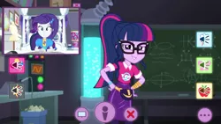Size: 1336x752 | Tagged: safe, derpibooru import, screencap, rarity, sci-twi, twilight sparkle, equestria girls, equestria girls series, festival looks, spoiler:eqg series (season 2), chalkboard, clothes, fanny pack, glasses, laboratory, picture in picture, ponytail, rarity's bedroom, shirt, skirt, twilight's lab, webcam, wristband