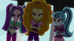 Size: 1280x714 | Tagged: safe, derpibooru import, screencap, adagio dazzle, aria blaze, sonata dusk, equestria girls, rainbow rocks, >:), clothes, crossed arms, evil grin, female, grin, jewelry, necklace, ponytail, pure unfiltered evil, smiling, the dazzlings