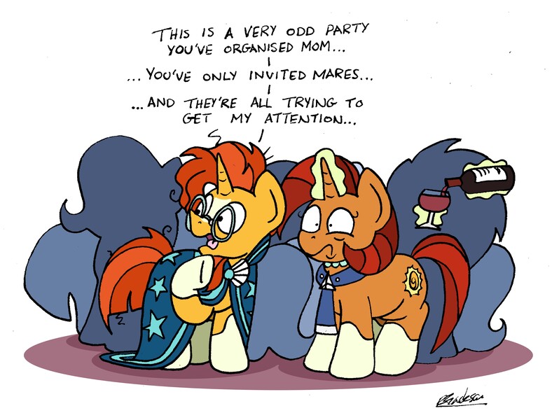 Size: 6487x4940 | Tagged: safe, artist:bobthedalek, derpibooru import, stellar flare, sunburst, pony, unicorn, alcohol, don't give a buck, eye twitch, female, glass, harem, i need a freaking drink, levitation, magic, male, mare, mother and child, mother and son, mothers gonna mother, oblivious, shipper flare, shipper on deck, silhouette, stallion, sunburst gets all the mares, sunburst is a goddamn moron, telekinesis, that pony sure does want grandfoals, twitch, wine, wine bottle, wine glass