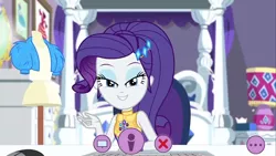 Size: 1280x720 | Tagged: safe, derpibooru import, screencap, rarity, equestria girls, equestria girls series, festival looks, spoiler:eqg series (season 2), bed, clothes, geode of shielding, jacket, keyboard, lamp, looking at you, magical geodes, mannequin, rarity's bedroom, smiling, solo