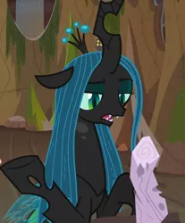 Size: 896x1080 | Tagged: changeling, changeling queen, cropped, dead, derpibooru import, female, frenemies (episode), lidded eyes, log, mean twilight sparkle, misleading thumbnail, not a dildo, queen chrysalis, safe, screencap, solo focus, twilog, wood