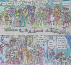 Size: 2482x2288 | Tagged: safe, artist:nephilim rider, derpibooru import, applejack, bulk biceps, derpy hooves, flash sentry, fluttershy, lily pad (equestria girls), lyra heartstrings, pinkie pie, rainbow dash, rarity, sandalwood, sci-twi, sunset shimmer, twilight sparkle, twilight sparkle (alicorn), oc, oc:heaven lost, ponified, alicorn, pony, unicorn, equestria girls, equestria girls series, spring breakdown, spoiler:eqg series (season 2), background human, clothes, equestria girls ponified, feet, female, geode of fauna, magical geodes, male, nephilim, partial nudity, sandals, topless, traditional art, unicorn sci-twi