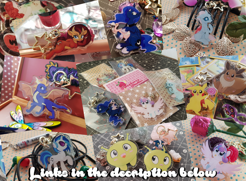 Size: 4008x2948 | Tagged: acrylic plastic, artist:raspberrystudios, avocato (final space), changeling, charms, derpibooru import, eevee, etsy, final space, food, keychain, kirin, luna petting goose, mooncake, ocellus, pikachu, pokémon, princess flurry heart, princess luna, safe, spyro the dragon