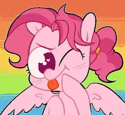 Size: 374x342 | Tagged: safe, artist:pinkiespresent, derpibooru import, bifröst, pegasus, pony, :p, background pony, bust, cute, female, friendship student, heart eyes, mare, no pupils, one eye closed, ponytail, portrait, rainbow background, solo, tongue out, wingding eyes, wink