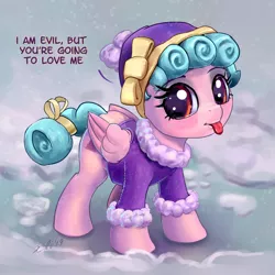 Size: 2500x2500 | Tagged: safe, artist:xbi, derpibooru import, cozy glow, pegasus, pony, frenemies (episode), :p, blushing, bow, bronybait, clothes, cozybetes, cute, dialogue, evil, female, filly, hat, looking at you, pure concentrated unfiltered evil of the utmost potency, pure unfiltered evil, smiling, snow, snowfall, solo, sweater, tail bow, talking to viewer, tongue out, truth, wing fluff, winter, winter outfit, yandere, yandereglow, you're going to love me