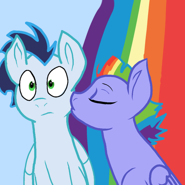 Size: 768x768 | Tagged: safe, derpibooru import, bow hothoof, soarin', pegasus, pony, bowsoarin, gay, infidelity, kiss on the cheek, kissing, male, shipping, stallion