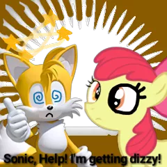 Size: 250x250 | Tagged: 1000 hours in ms paint, apple bloom, bloomails, circling stars, derpibooru, derpibooru import, dizzy, meta, miles "tails" prower, obligatory pony, safe, sonic help! i'm getting dizzy!, sonic the hedgehog (series), spoilered image joke, swirly eyes, tailsabetes, wat