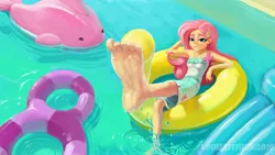 Size: 3840x2160 | Tagged: safe, artist:louislithium, derpibooru import, fluttershy, equestria girls, equestria girls series, i'm on a yacht, spoiler:eqg series (season 2), armpits, barefoot, feet, floaty, flutterfeet, foot focus, inflatable, inflatable toy, inner tube, pool toy, scene interpretation, soles, solo, toes, wiggling toes