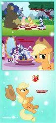 Size: 1919x4225 | Tagged: safe, artist:estories, derpibooru import, applejack, fluttershy, harry, rarity, oc, oc:silverlay, bear, earth pony, fish, pony, unicorn, comic:a(pple)ffection, clothes, comic, dress, female, mare, picnic, picnic blanket