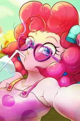 Size: 2050x3091 | Tagged: safe, artist:noupu, derpibooru import, pinkie pie, equestria girls, equestria girls series, spring breakdown, spoiler:eqg series (season 2), armpits, bow, clothes, cup, cute, diapinkes, dress, drinking, female, glasses, hair bow, heart shaped glasses, looking at you, selfie, sleeveless, solo, straw