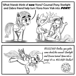 Size: 1500x1514 | Tagged: safe, artist:chopsticks, derpibooru import, gallus, ocellus, sandbar, silverstream, smolder, yona, ponified, changeling, dragon, earth pony, gryphon, hippogriff, pony, yak, she's all yak, bow, comic, dialogue, disguise, disguised changeling, dragoness, female, flying, hair bow, male, mare, monkey swings, open mouth, pony yona, species swap, stallion, student six, text, trick, trolling