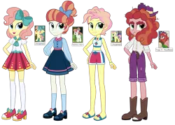 Size: 2520x1800 | Tagged: safe, artist:thecheeseburger, derpibooru import, high tide (g4), merry cotton, rainbow stars, tree h. hooffield, equestria girls, boots, clothes, equestria girls-ified, high heels, midriff, pleated skirt, sandals, shoes, shorts, skirt, socks, sports bra
