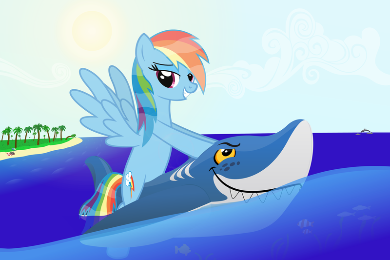 Size: 5550x3700 | Tagged: safe, artist:galekz, derpibooru import, rainbow dash, pony, shark, beach, bedroom eyes, floaty, inflatable, inflatable toy, ocean, pool toy, riding, wanna ride?