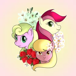 Size: 900x900 | Tagged: safe, artist:marikaefer, derpibooru import, daisy, flower wishes, lily, lily valley, roseluck, pony, daisy (flower), flower, flower trio, lily (flower), rose