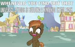 Size: 665x417 | Tagged: beanie, button mash, button's hat, caption, colt, derpibooru import, edit, edited screencap, editor:undeadponysoldier, excited, fence, happy, hat, house, image macro, male, meme, nintendo, open mouth, ponyville, safe, screencap, solo, text, tree, universal studios