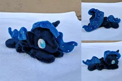 Size: 2382x1588 | Tagged: safe, artist:plushbyanto, derpibooru import, princess luna, alicorn, pony, beanie (plushie), chibi, ethereal mane, female, horn, irl, lying down, mare, minky, no mouth, no nostrils, no pupils, photo, plushie, profile, prone, solo, sploot, starry mane, toy, wings