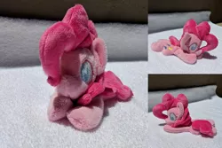 Size: 2382x1588 | Tagged: safe, artist:plushbyanto, derpibooru import, pinkie pie, earth pony, pony, beanie (plushie), chibi, female, front view, irl, lying down, mare, minky, no mouth, no nostrils, no pupils, photo, plushie, profile, prone, solo, sploot, toy