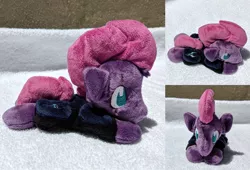 Size: 2341x1588 | Tagged: safe, artist:plushbyanto, derpibooru import, tempest shadow, unicorn, my little pony: the movie, accessory, armor, beanie (plushie), broken horn, chibi, front view, horn, irl, lying down, minky, no mouth, no nostrils, no pupils, photo, plushie, profile, prone, solo, sploot, storm king's emblem, toy