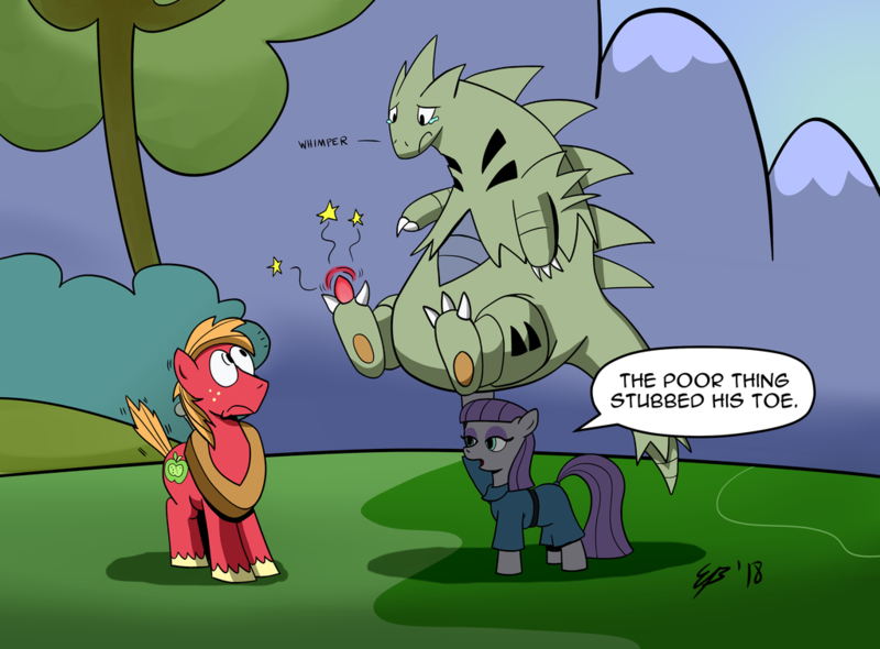 Size: 1024x755 | Tagged: artist:cartoon-eric, big macintosh, crossover, derpibooru import, lifting, maud pie, pain, pokémon, safe, signature, tyranitar