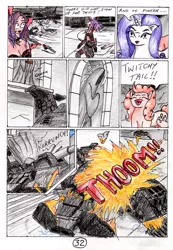 Size: 2417x3486 | Tagged: safe, artist:40kponyguy, derpibooru import, pinkie pie, rarity, earth pony, pony, unicorn, 40kponyguy's the staff of aurelian, behaving like a weapon, comic, crossover, cultist chan, explosion, female, magic, mare, statue, telekinesis, thunderhawk gunship, traditional art, warhammer (game), warhammer 40k