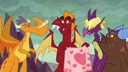 Size: 1920x1080 | Tagged: billy (dragon), blanket, clump, derpibooru import, dragon, fume, garble, male, safe, screencap, spear (dragon), sweet and smoky, teenaged dragon