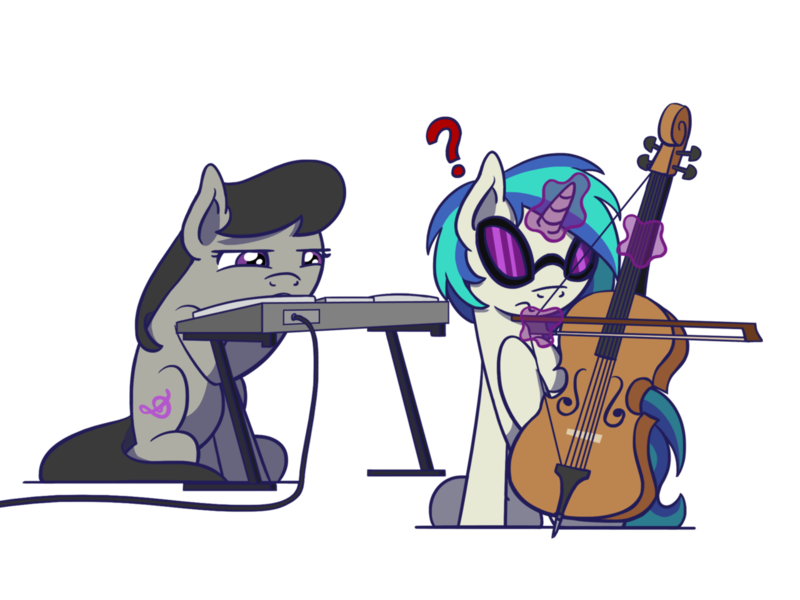 Size: 1280x960 | Tagged: safe, artist:flutterluv, derpibooru import, octavia melody, vinyl scratch, earth pony, pony, unicorn, accessory swap, bow (instrument), cello, duo, musical instrument, question mark, simple background, transparent background, turntable