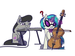 Size: 1280x960 | Tagged: safe, artist:flutterluv, derpibooru import, octavia melody, vinyl scratch, earth pony, pony, unicorn, accessory swap, bow (instrument), cello, duo, musical instrument, question mark, simple background, transparent background, turntable