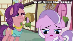 Size: 889x500 | Tagged: safe, derpibooru import, edit, edited screencap, screencap, diamond tiara, spoiled rich, earth pony, pony, crusaders of the lost mark, caption, duo, floppy ears, hall & oates, image macro, rich girl, text