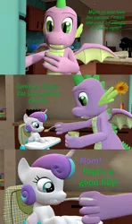 Size: 1920x3240 | Tagged: safe, artist:papadragon69, derpibooru import, princess flurry heart, spike, alicorn, dragon, pony, comic:spike's cyosa, 3d, baby food, carrot, comic, crystal empire, cyoa, diaper, feeding, food, highchair, nom, older, older spike, refrigerator, source filmmaker, spoon, teenage spike, teenager, winged spike