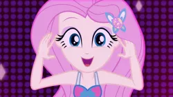 Size: 1920x1080 | Tagged: safe, derpibooru import, screencap, fluttershy, equestria girls, equestria girls series, i'm on a yacht, spoiler:eqg series (season 2), beautiful, close-up, cute, female, geode of fauna, happy, looking at you, magical geodes, neon eg logo, open mouth, shyabetes, sleeveless, smiling, solo