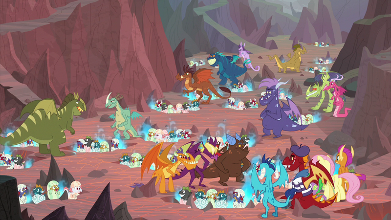Size: 2100x1180 | Tagged: safe, derpibooru import, screencap, amarant, ballista, barry, billy (dragon), clump, fluttershy, fume, garble, princess ember, prominence, rex (dragon), scalio, smolder, snake (dragon), spear (dragon), spike, thod, vex, viverno, dragon, pegasus, pony, sweet and smoky, baby, baby dragon, background dragon, beret, blue fire, clothes, dragon lands, dragoness, eggshell, female, fire, fire breath, hat, male, mare, nest, shirt, striped shirt, teenaged dragon
