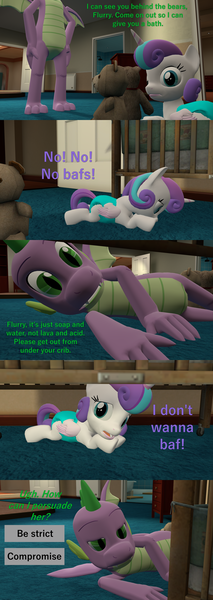 Size: 1920x5400 | Tagged: safe, artist:papadragon69, derpibooru import, princess flurry heart, spike, alicorn, dragon, pony, comic:spike's cyosa, 3d, choice, comic, crib, crystal empire, cyoa, diaper, hiding, older, older spike, source filmmaker, teddy bear, teenage spike, teenager, winged spike